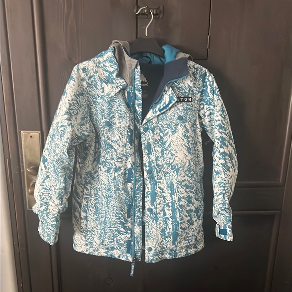 Burton Kids Teal and White Patterned Snow/Ski winter jacket with grey hoodie